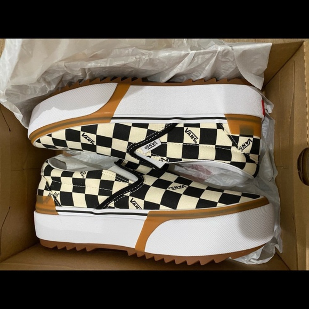 Stacked slip on checker print vans